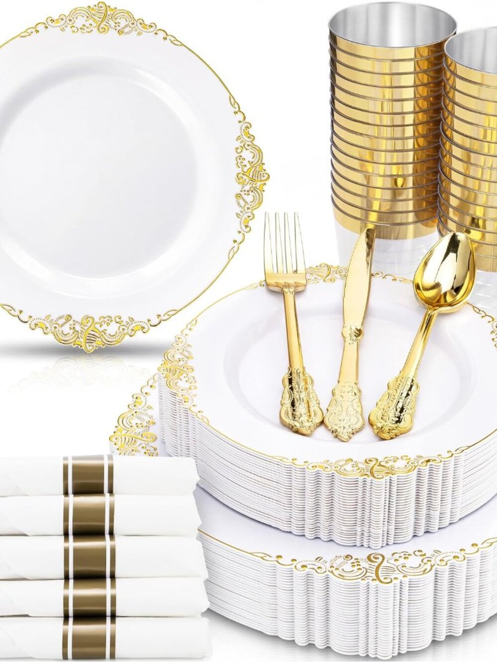 350Pcs Gold Plastic Plates, Disposable Dinnerware Set for 50 Guests